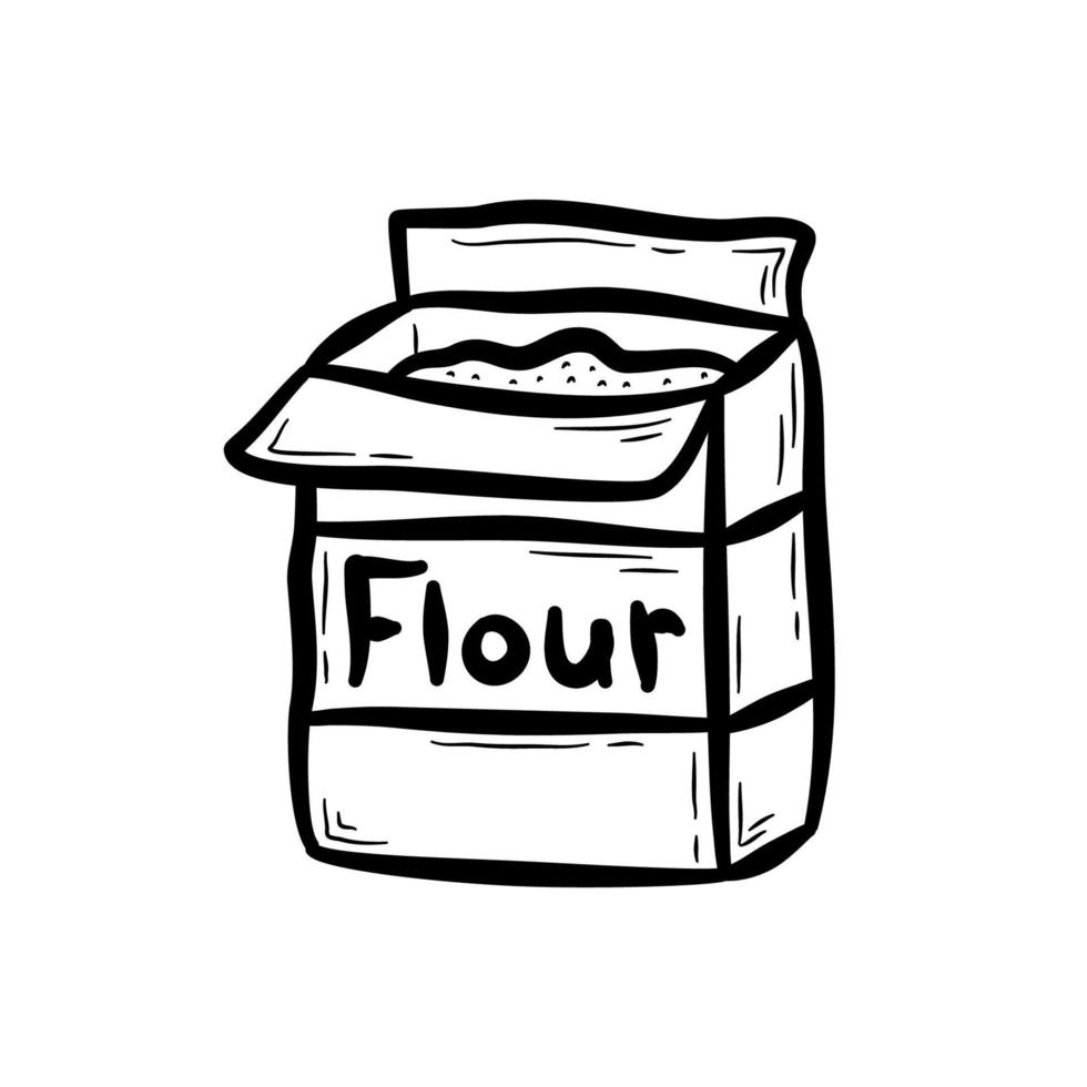 pacote de farinha desenhado à mão. grãos em pó, ingrediente para assar e fazer alimentos diferentes. ilustração vetorial plana em estilo doodle. vetor