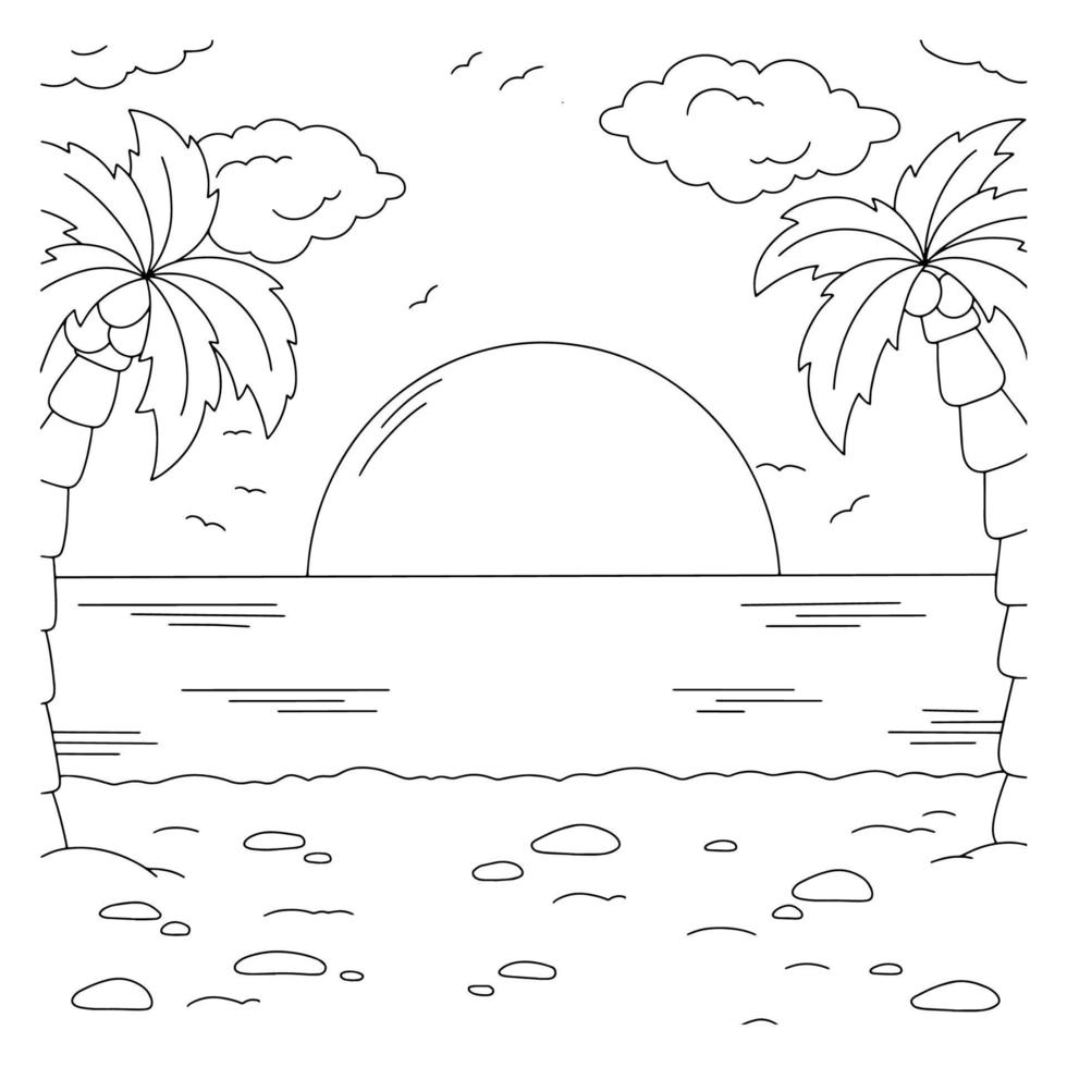 maravilhosa paisagem natural com praia. página do livro de colorir para crianças. estilo de desenho animado. ilustração vetorial isolada no fundo branco. vetor