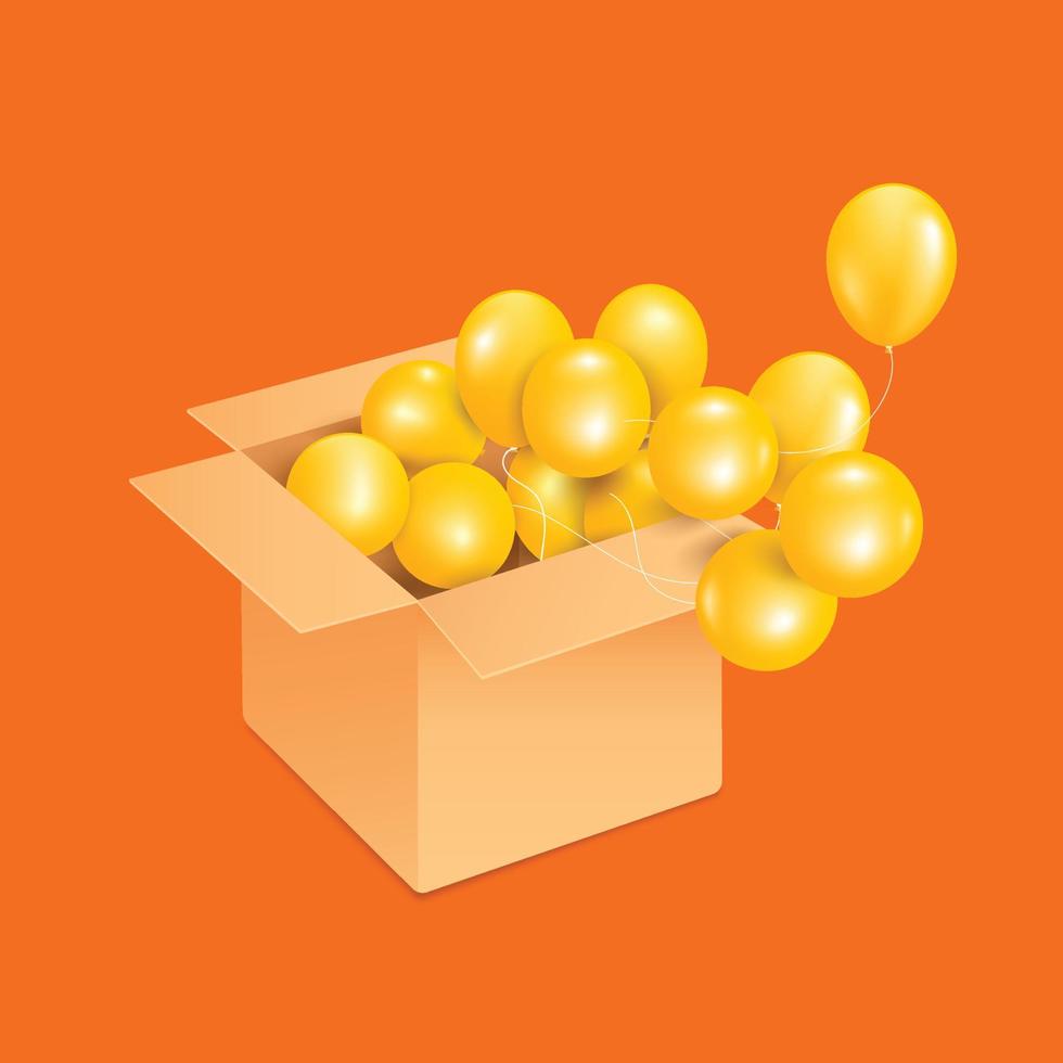 a caixa foi aberta e vários balões amarelos transbordaram e voaram para fora da caixa vetor