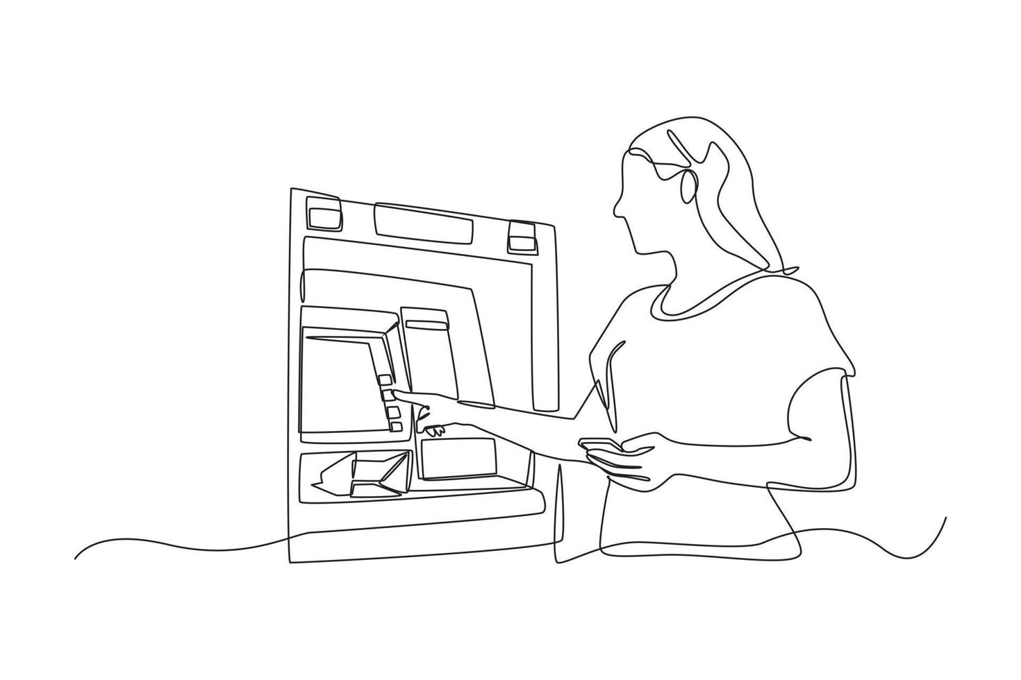 empresária de desenho de linha contínua fazendo transação no caixa eletrônico. conceito de máquina atm. única linha desenhar desenho ilustração gráfica de vetor. vetor