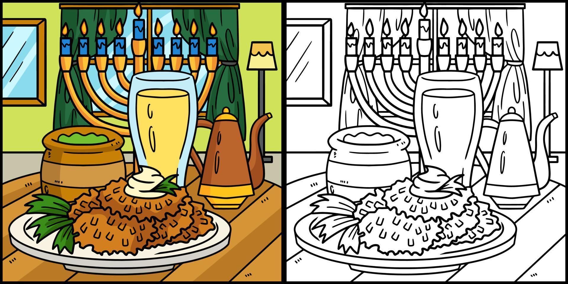 hanukkah latke com ilustração para colorir menorá vetor