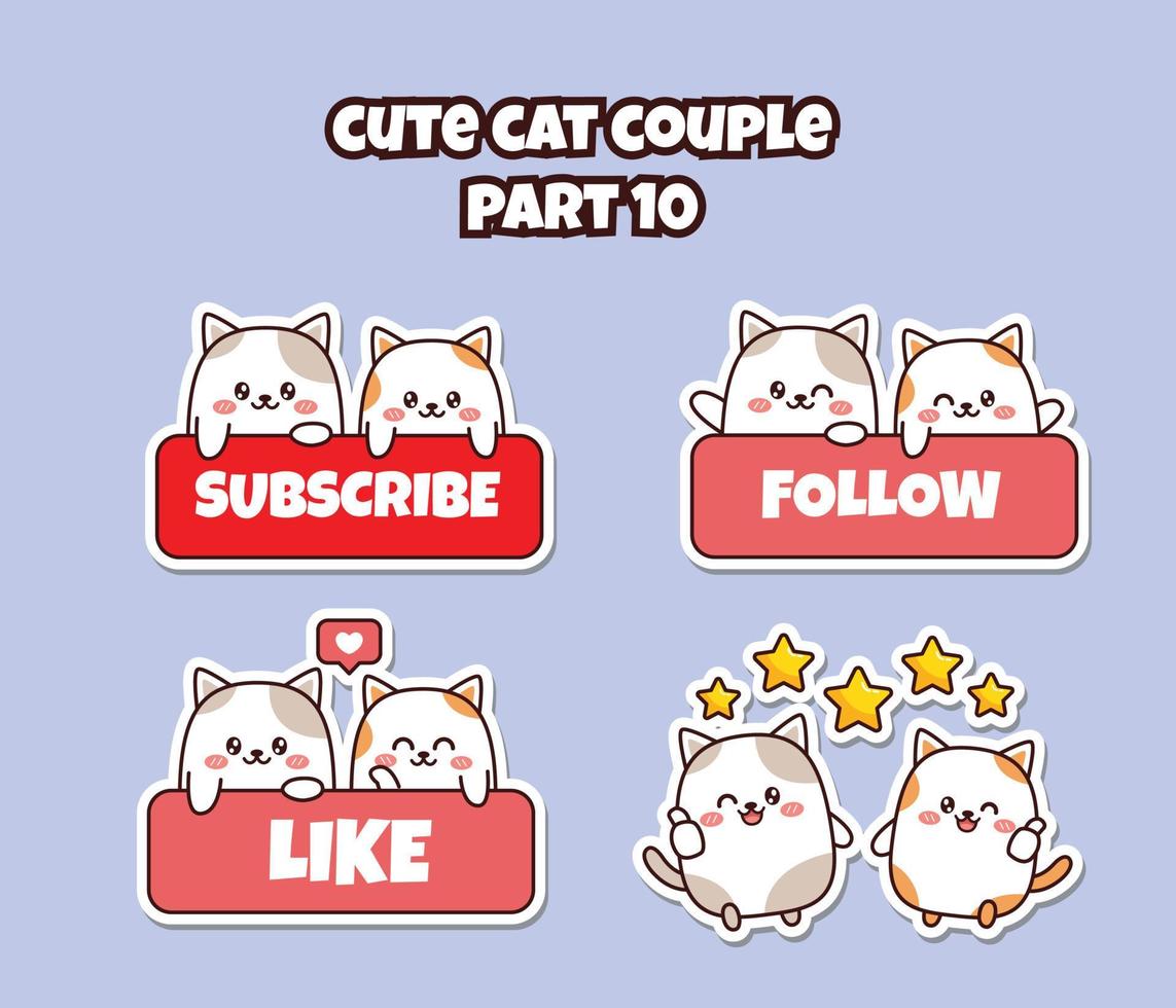 conjunto de lindo casal kawaii gatinho para adesivo de mídia social emoji inscreva-se siga como emoticon perfeito vetor