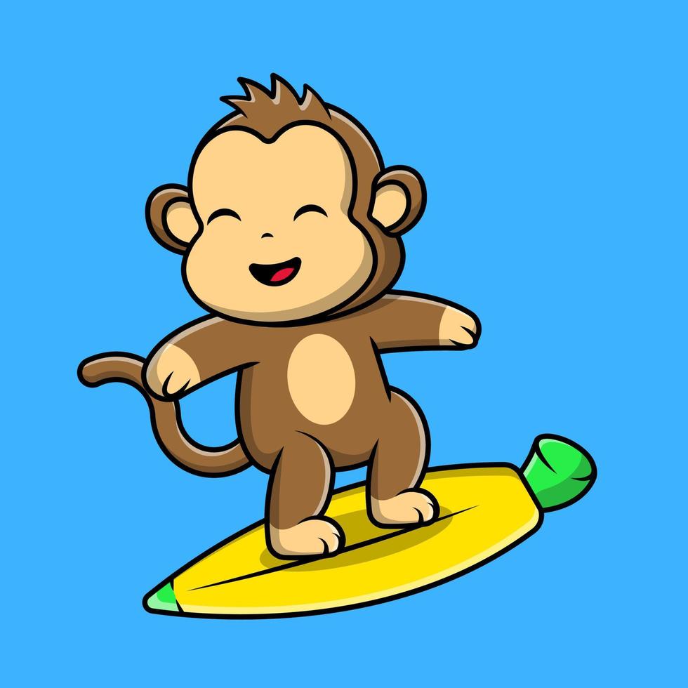 macaco bonitinho surfando com ilustração de ícones de vetor de desenhos animados de prancha de surf de banana. conceito de desenho animado plano. adequado para qualquer projeto criativo.