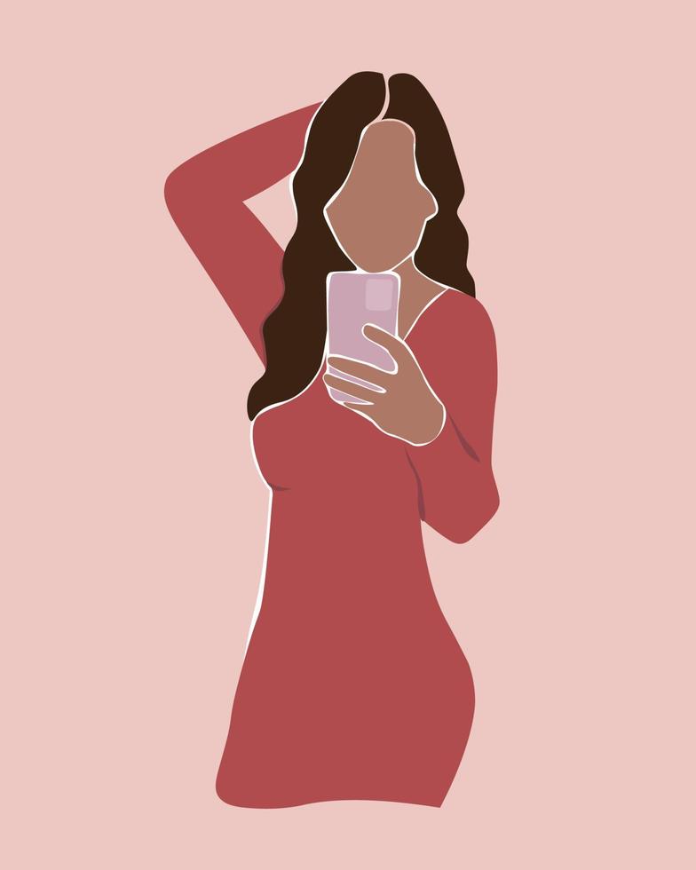 menina bonita abstrata com um smartphone na mão tira uma foto de selfie. cartaz com mulher contemporânea com uma bela figura em um vestido. gráficos vetoriais. vetor