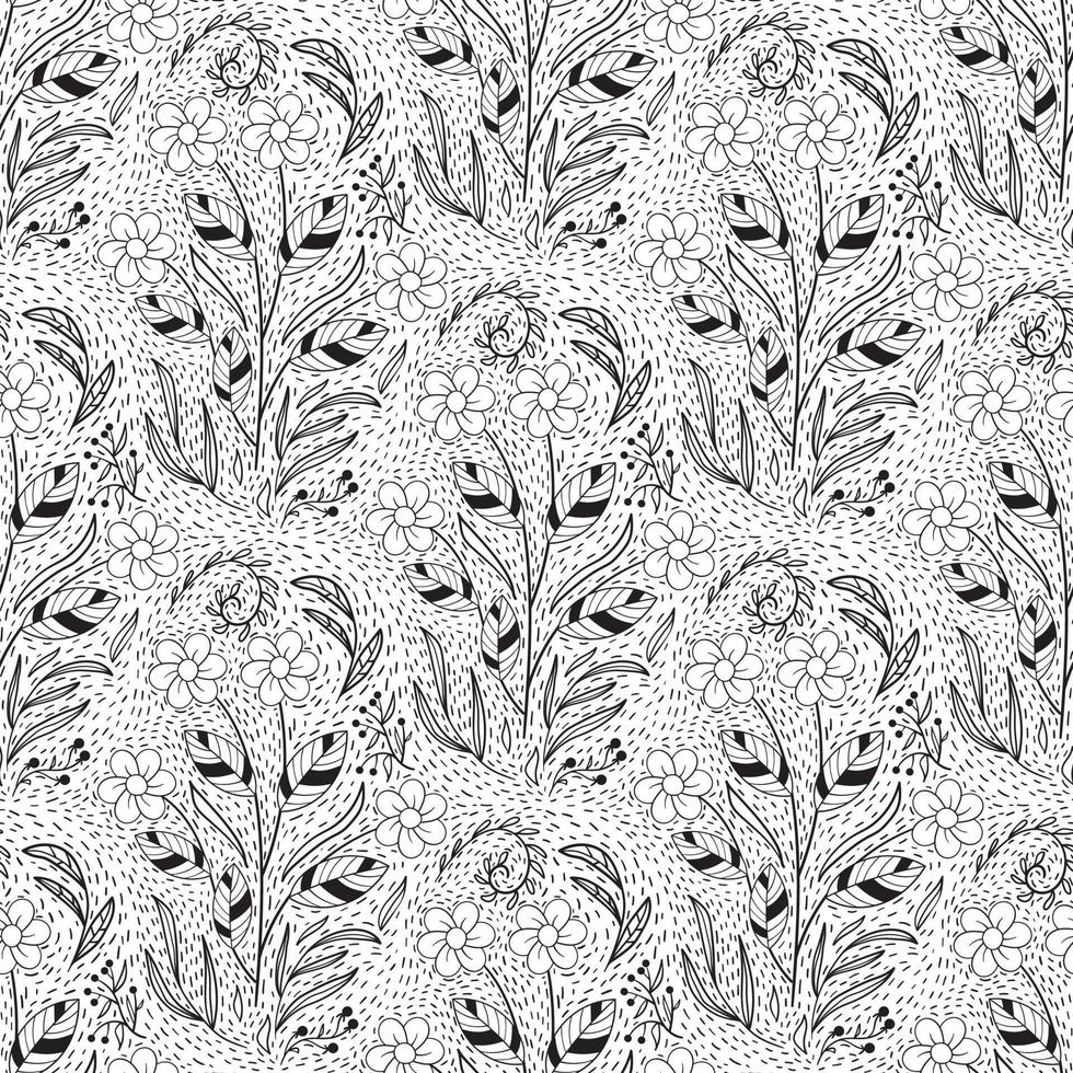padrão floral sem costura em estilo de linha preto e branco com motivo de telha damasco. doodle flores impressão têxtil. gráfico de natureza vintage. flores do prado com folha vetor