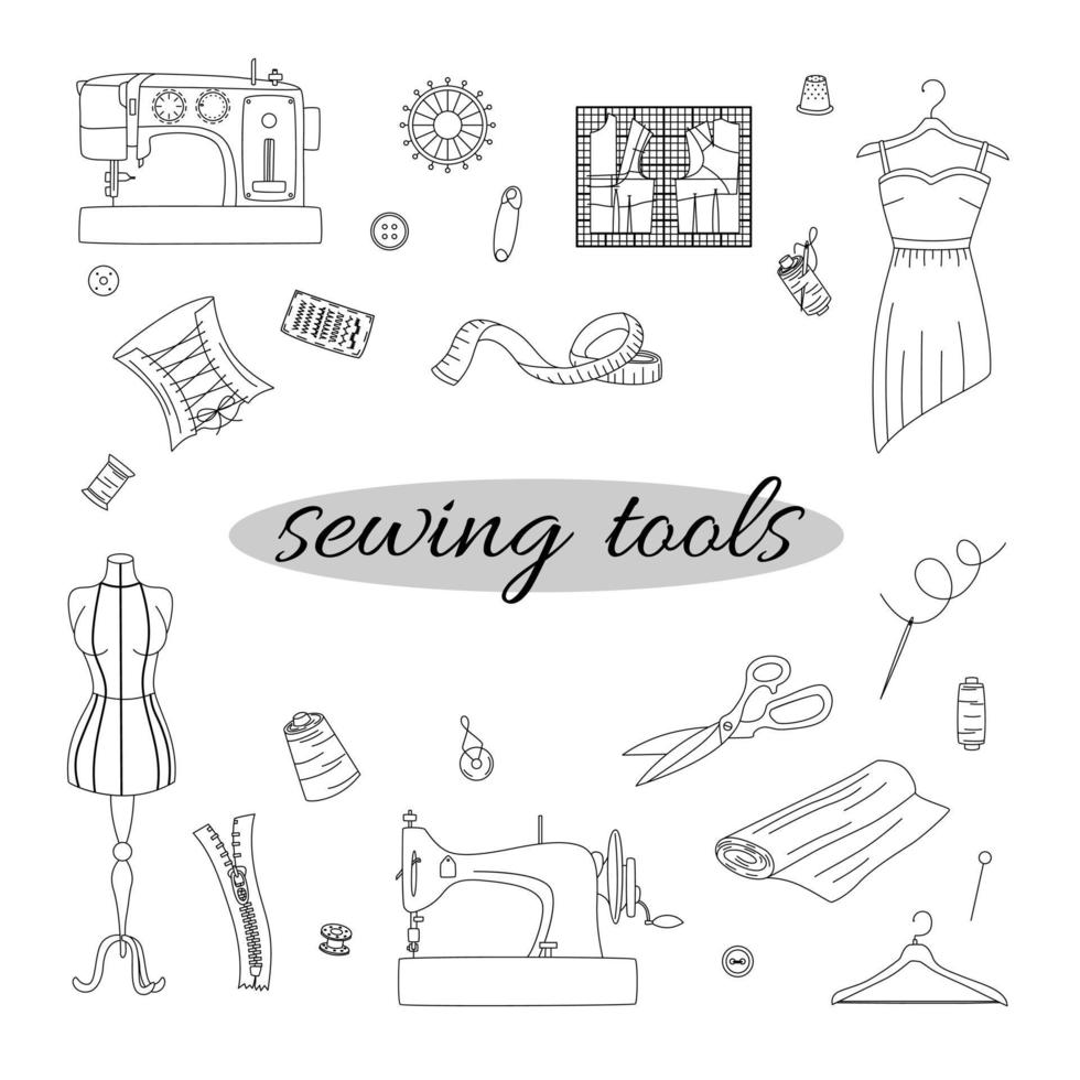 ferramentas de costura. elementos de costura para seu projeto. máquinas de costura, botões, tesouras, agulhas vetor