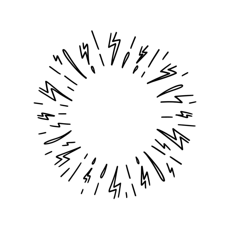 doodle de vetor de quadro, elemento de design desenhado à mão. ilustração de esboço de explosão de sol com relâmpagos e flashes