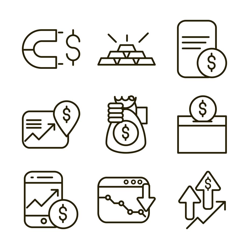 mercado de ações e pacote de ícones de pictograma financeiro vetor