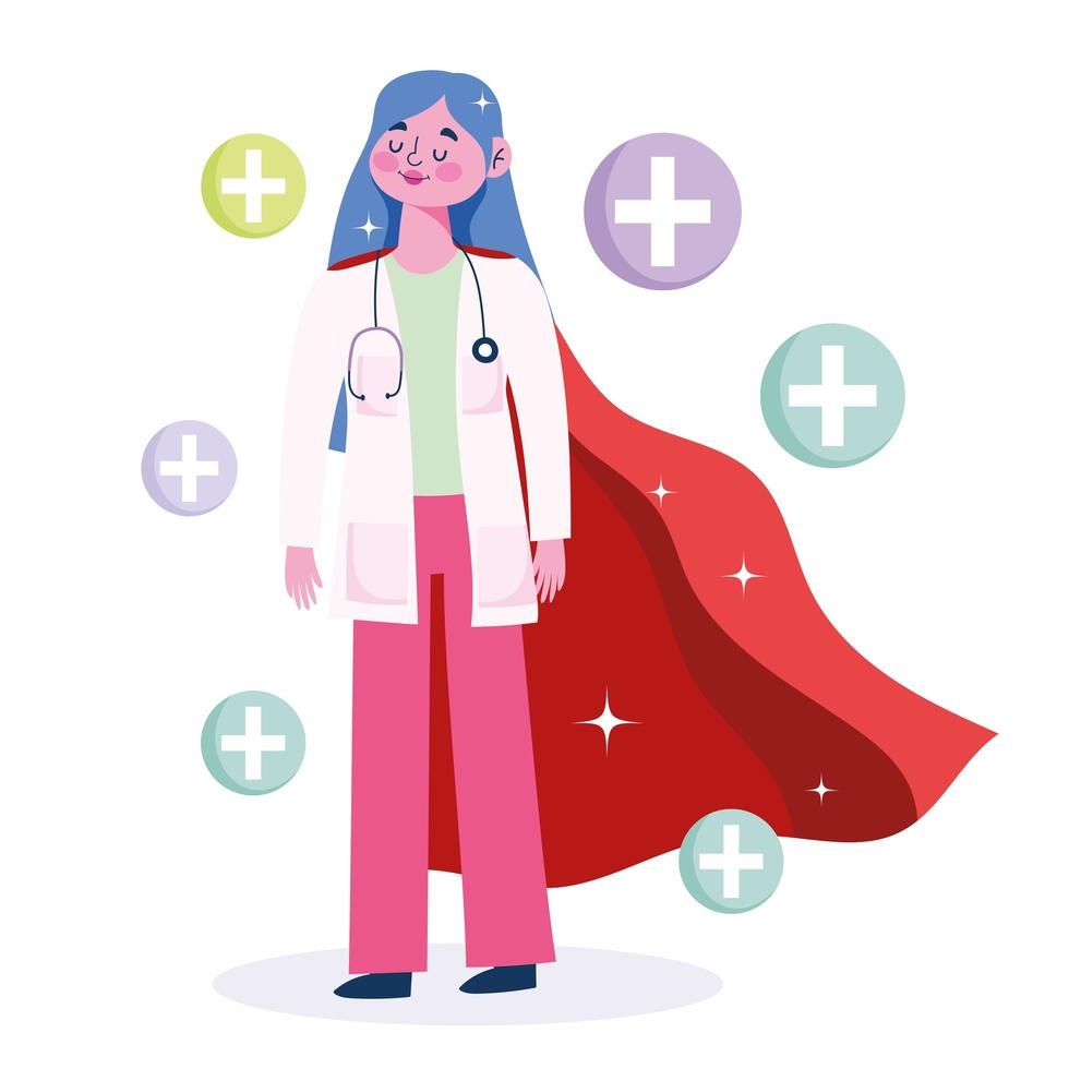 médico como um super-herói com ícones médicos vetor