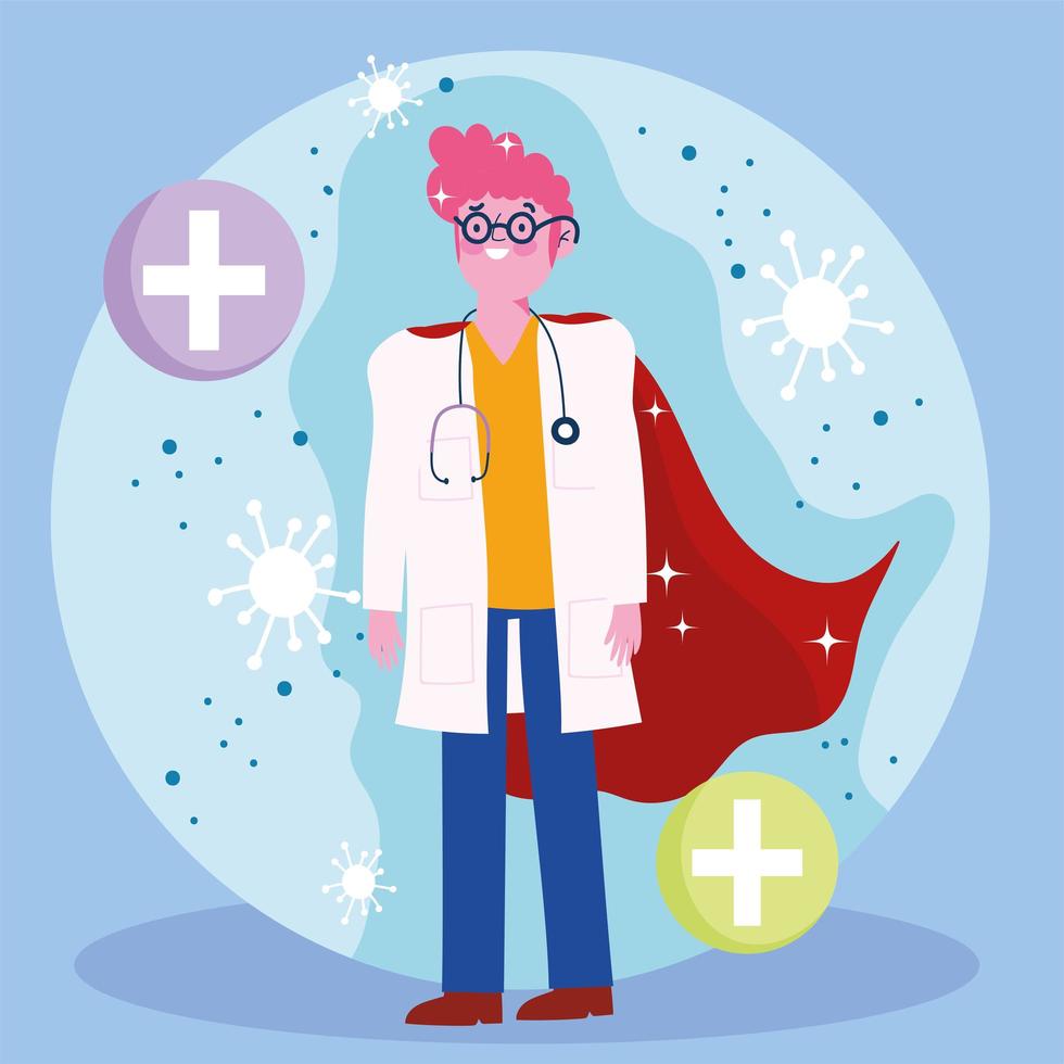médico como um super-herói com símbolos médicos vetor