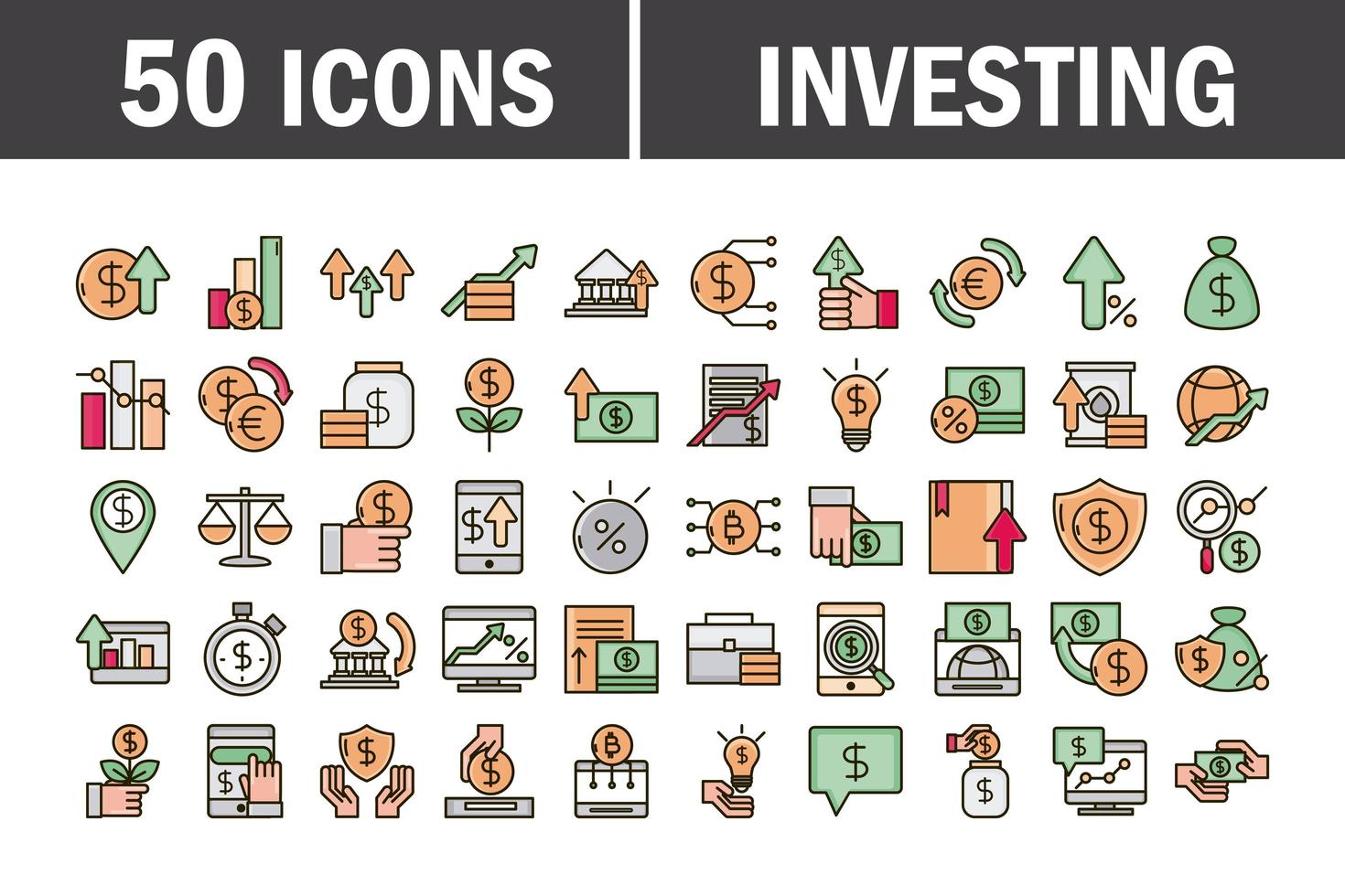 economia e linha de negócios de investimento e pacote de ícones de cores de preenchimento vetor
