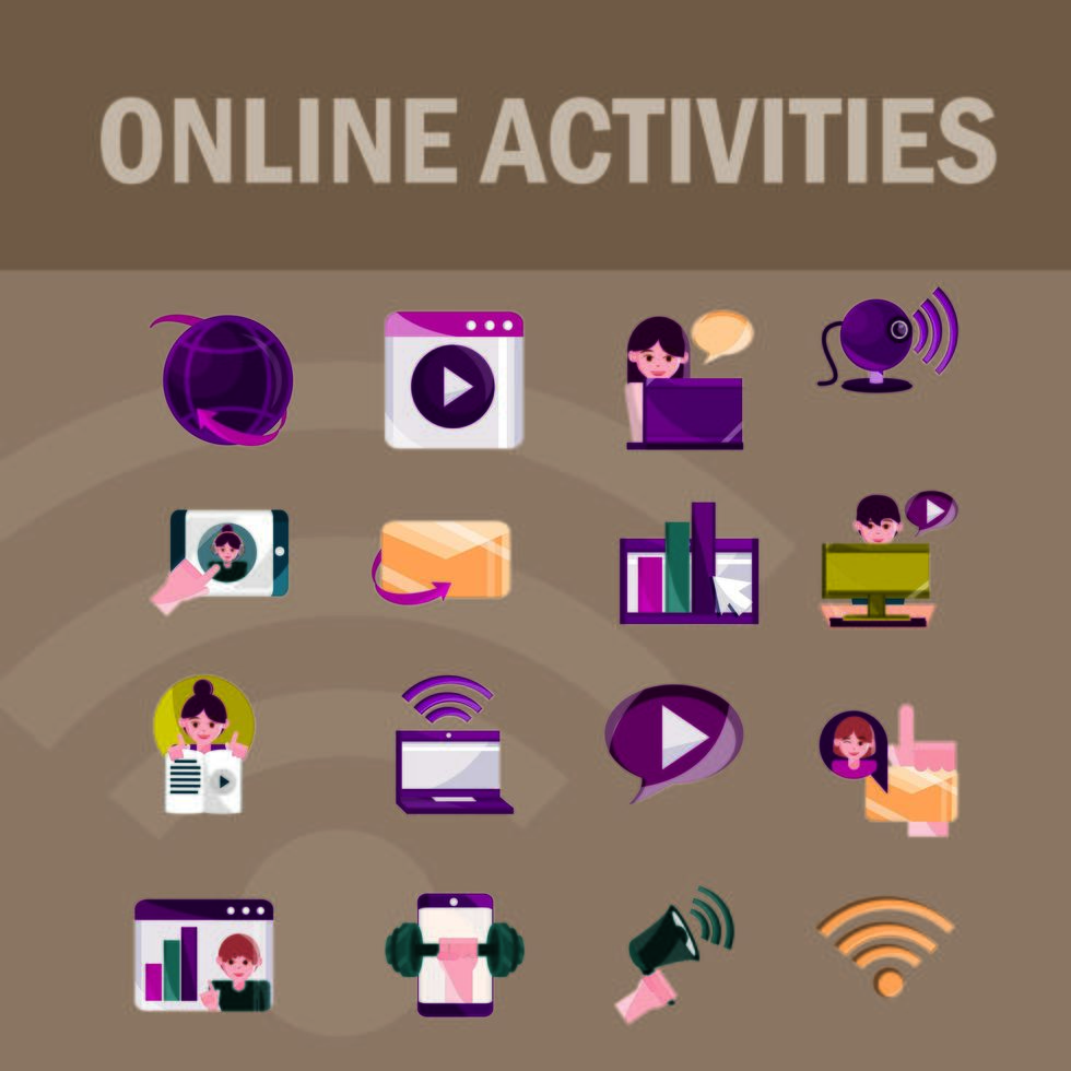 atividades online e conjunto de ícones de comunicação digital vetor