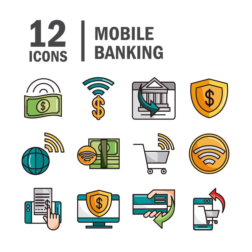banco móvel e linha de pagamento online e conjunto de ícones de preenchimento vetor