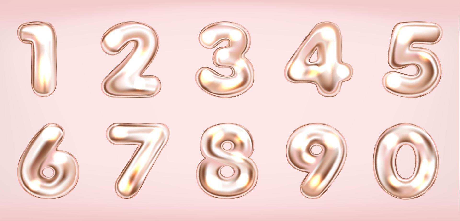 símbolos de números brilhantes metálicos rosa, dígitos isolados vetor