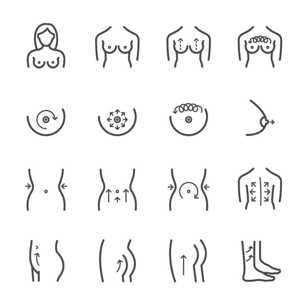 conjunto de ícones de procedimentos de cirurgia e massagem corporal de mulher vetor
