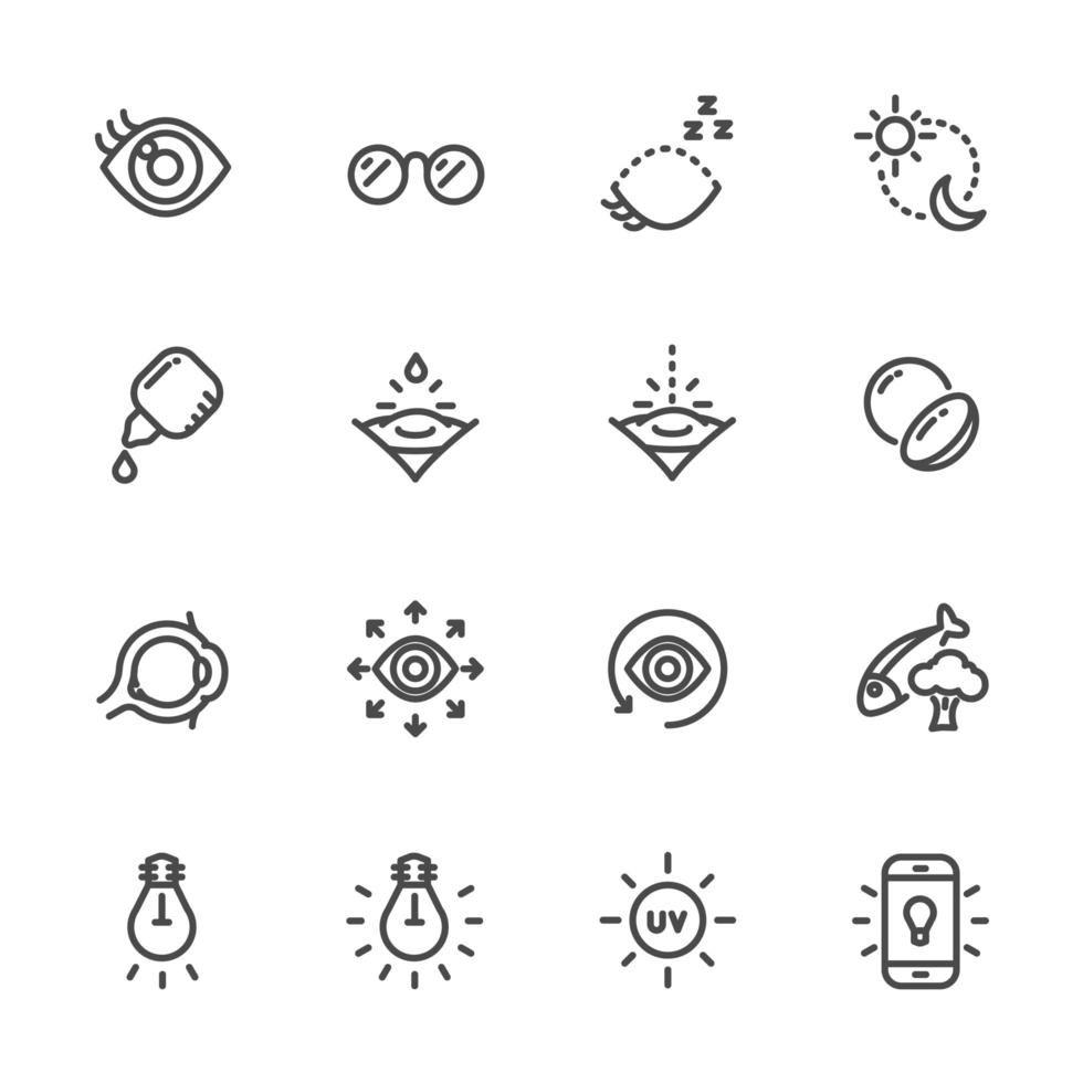 conjunto de ícones de pictograma de visão e saúde ocular vetor