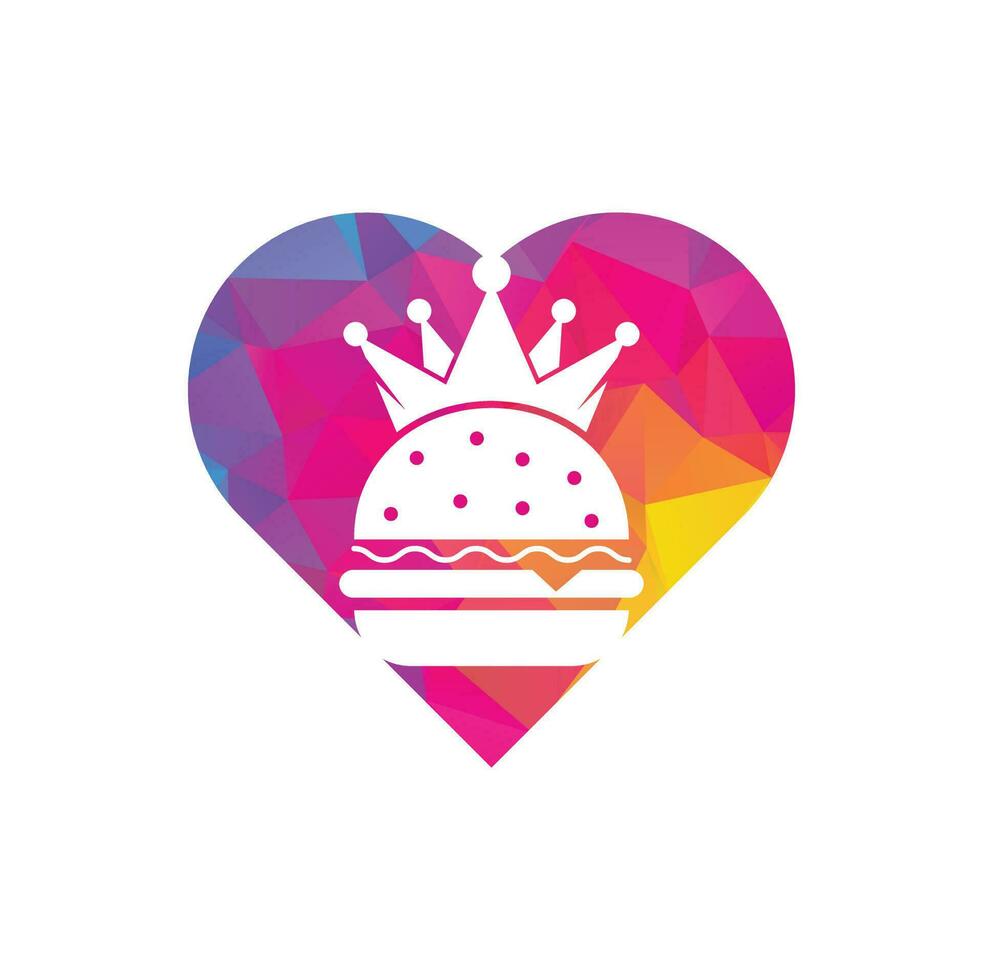 design de logotipo de vetor de conceito de forma de coração de hambúrguer rei. hambúrguer com conceito de logotipo de ícone de coroa.