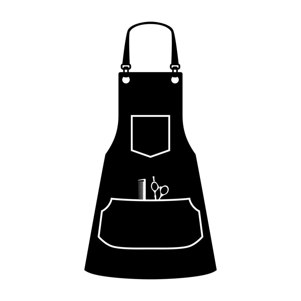 ilustração em vetor preto e branco de uma silhueta de um avental de cabeleireiro com tesoura e um pente no bolso