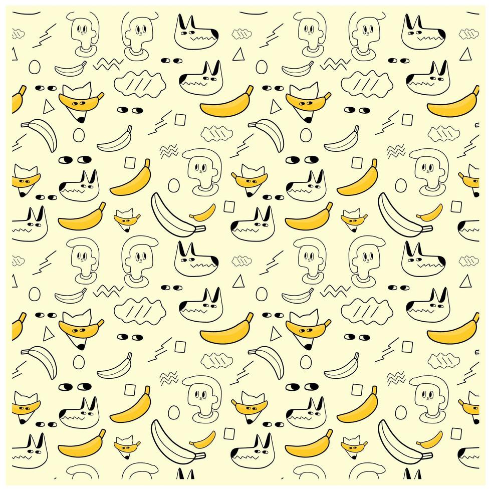 crianças desenhadas à mão e padrão de banana amarela vetor