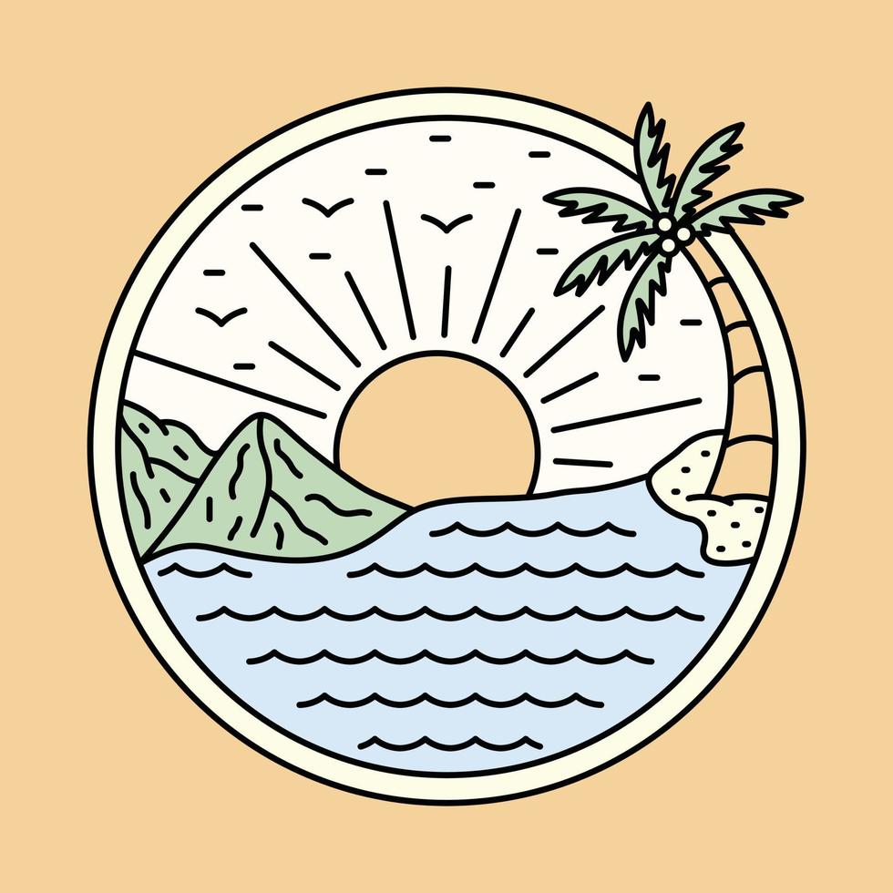 mar de beleza e pôr do sol no design de t-shirt de arte vetorial de ilustração gráfica de verão vetor