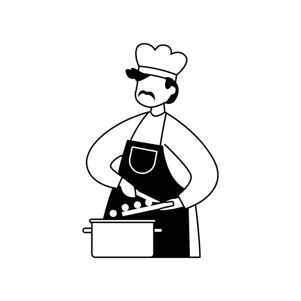 ilustração em vetor de um chef masculino cozinhar comida em uma panela. contorno