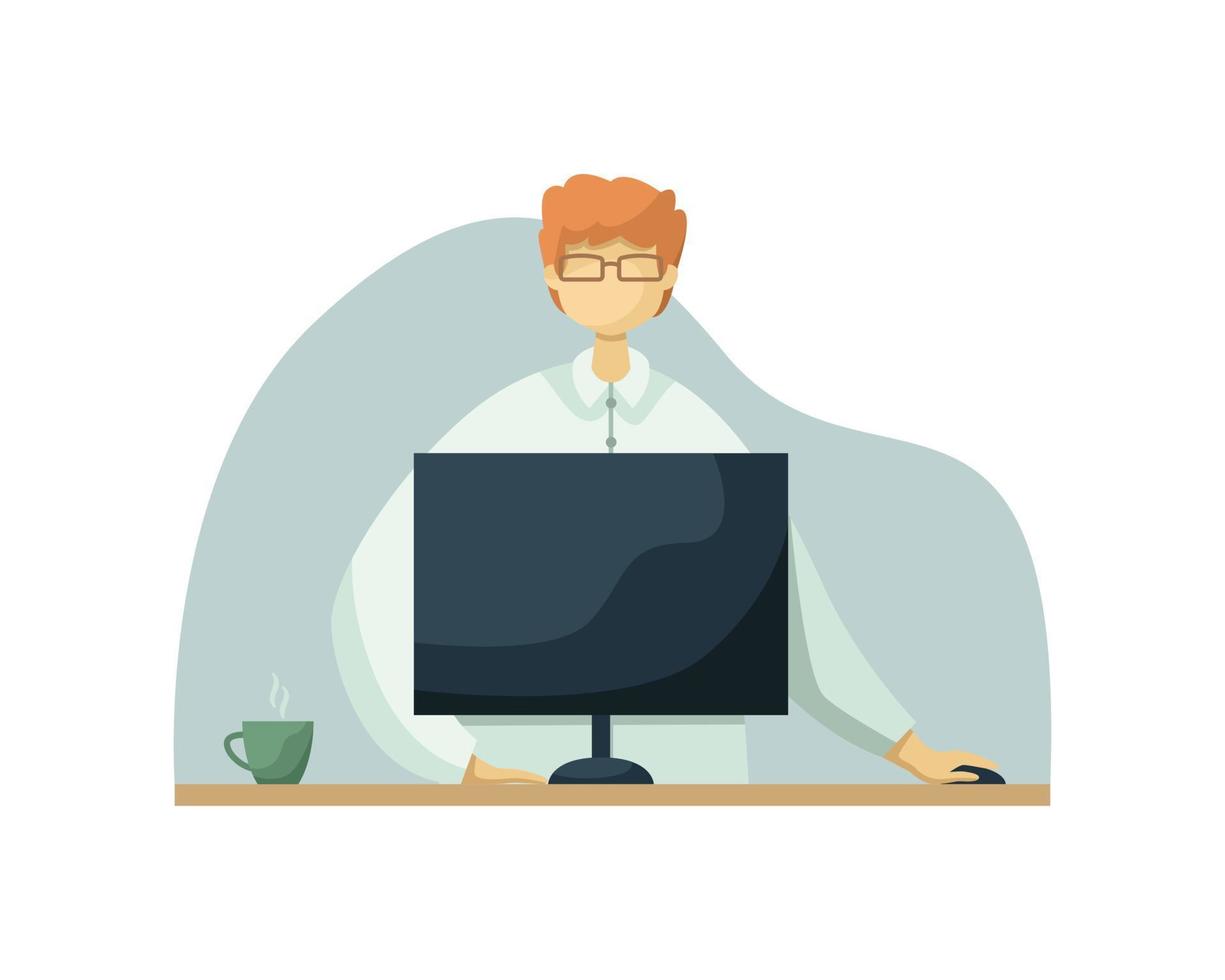 ilustração em vetor de um trabalhador de escritório masculino trabalhando em uma mesa com um computador. estilo simples