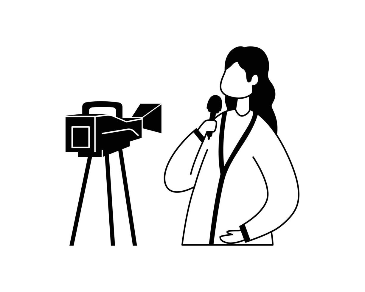 ilustração vetorial de uma correspondente feminina gravando uma reportagem em uma câmera de vídeo. contorno vetor