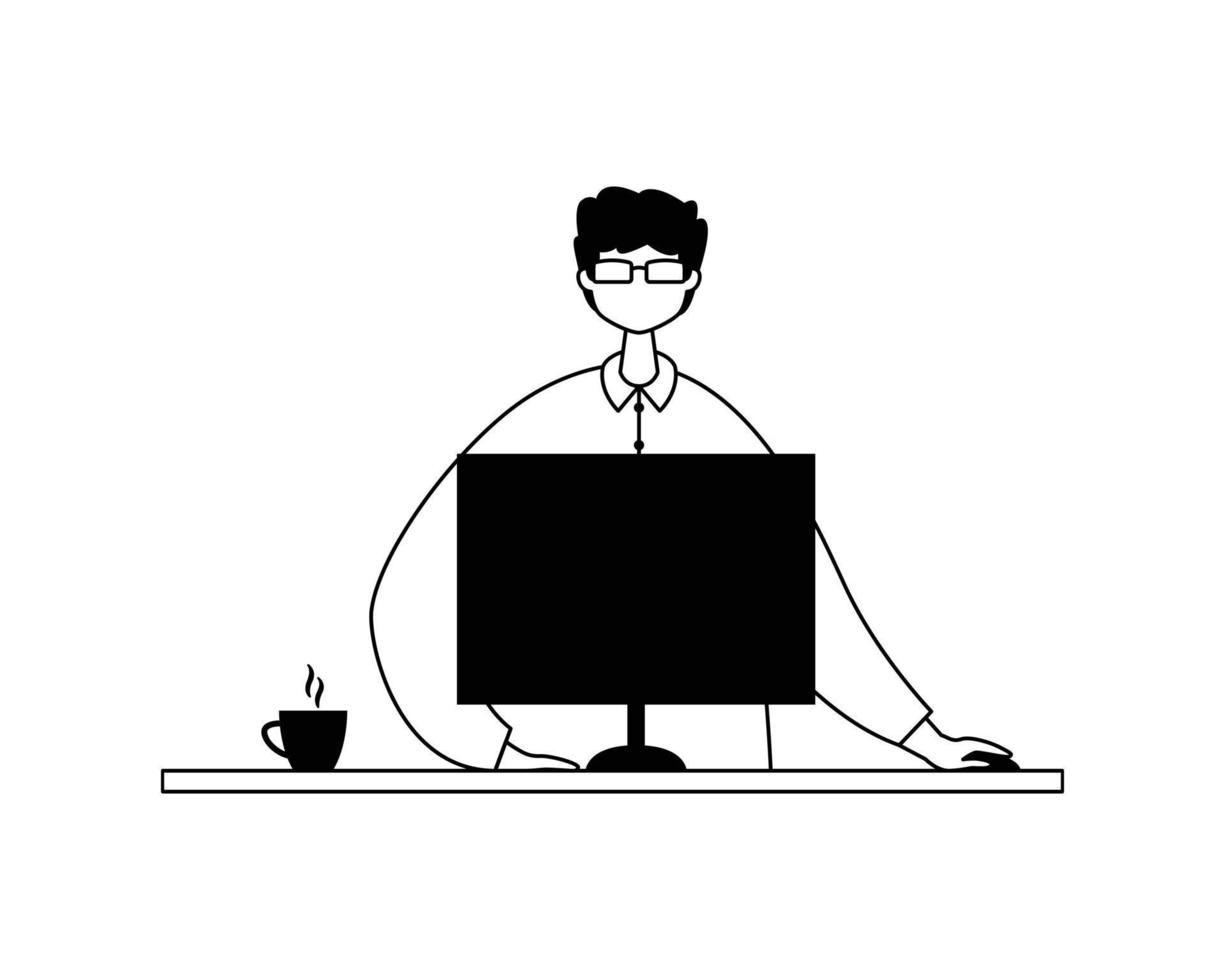 ilustração em vetor de um trabalhador de escritório masculino trabalhando em uma mesa com um computador. contorno