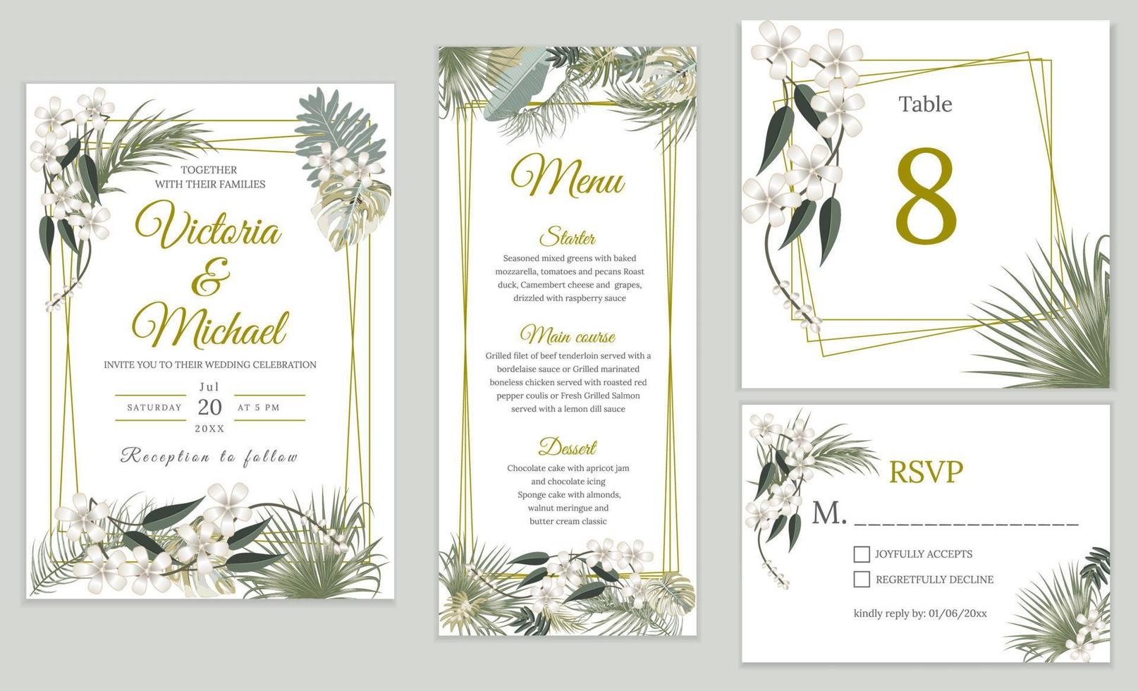 design de cartão de convite de casamento, convite floral. selva tropical deixa conjunto de moldura elegante, plantas verde-oliva, folhas de palmeira. vetor