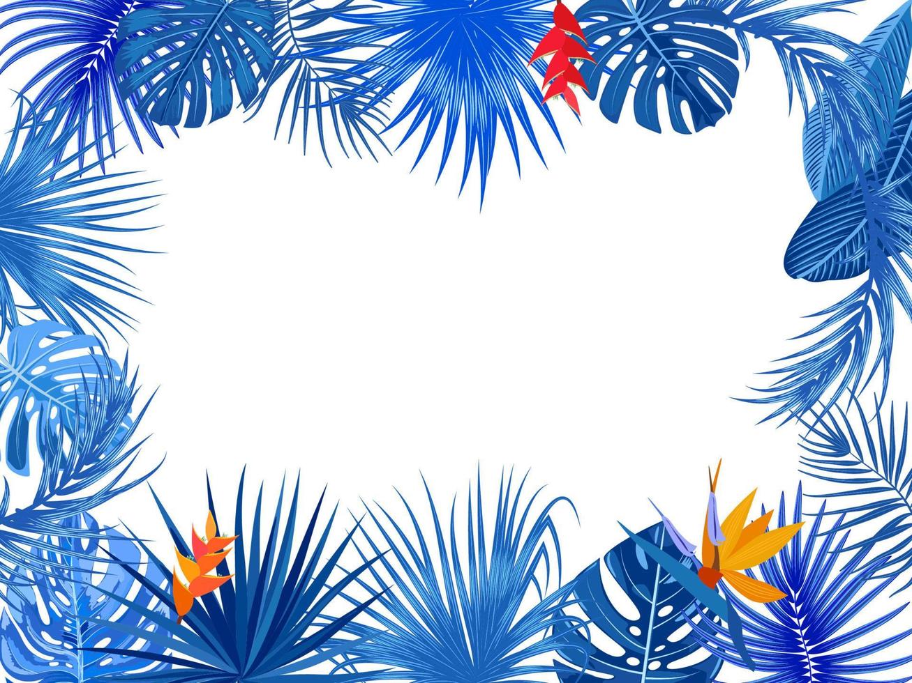 quadro de selva tropical vetorial com palmeiras azuis, flores e folhas em fundo branco vetor