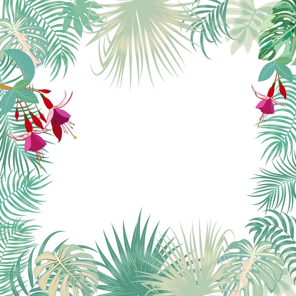 vetor bandeira de selva tropical, moldura com palmeiras, flores e folhas em fundo branco