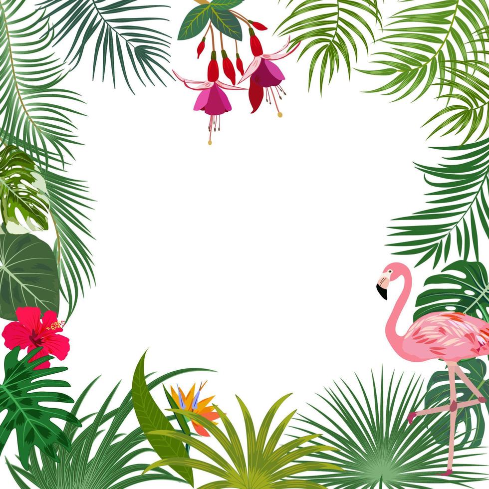 vetor bandeira de selva tropical, moldura com flamingo, palmeiras, flores e folhas em fundo branco