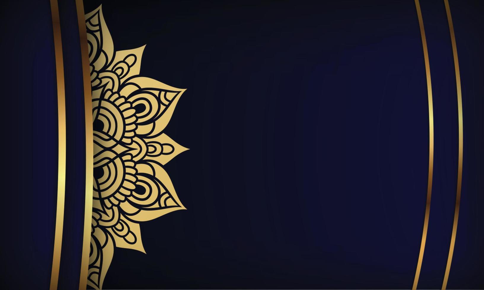 design de mandala ornamental de luxo fundo azul escuro com linha de ouro brilhante vetor