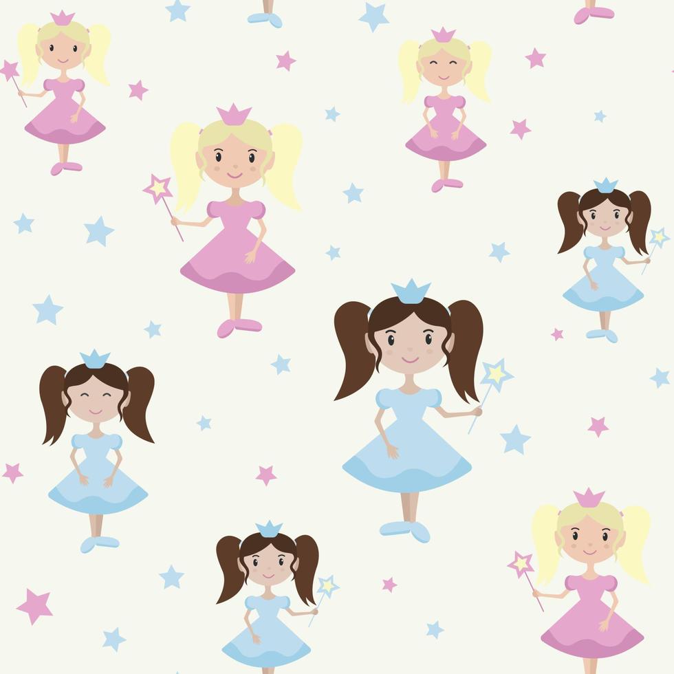 padrão infantil sem costura de vetor com princesas em vestidos rosa e azuis. linda fada com uma ilustração vetorial de varinha mágica.
