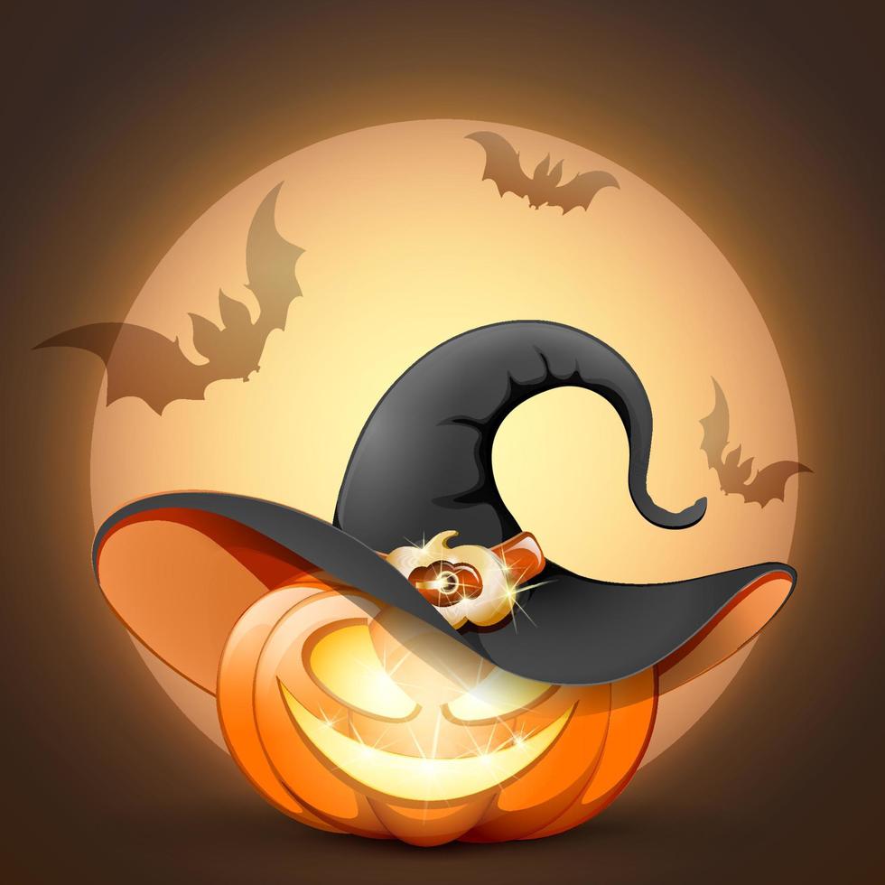 abóbora laranja assustadora dos desenhos animados no chapéu de bruxa no fundo da lua cheia com morcegos vetor