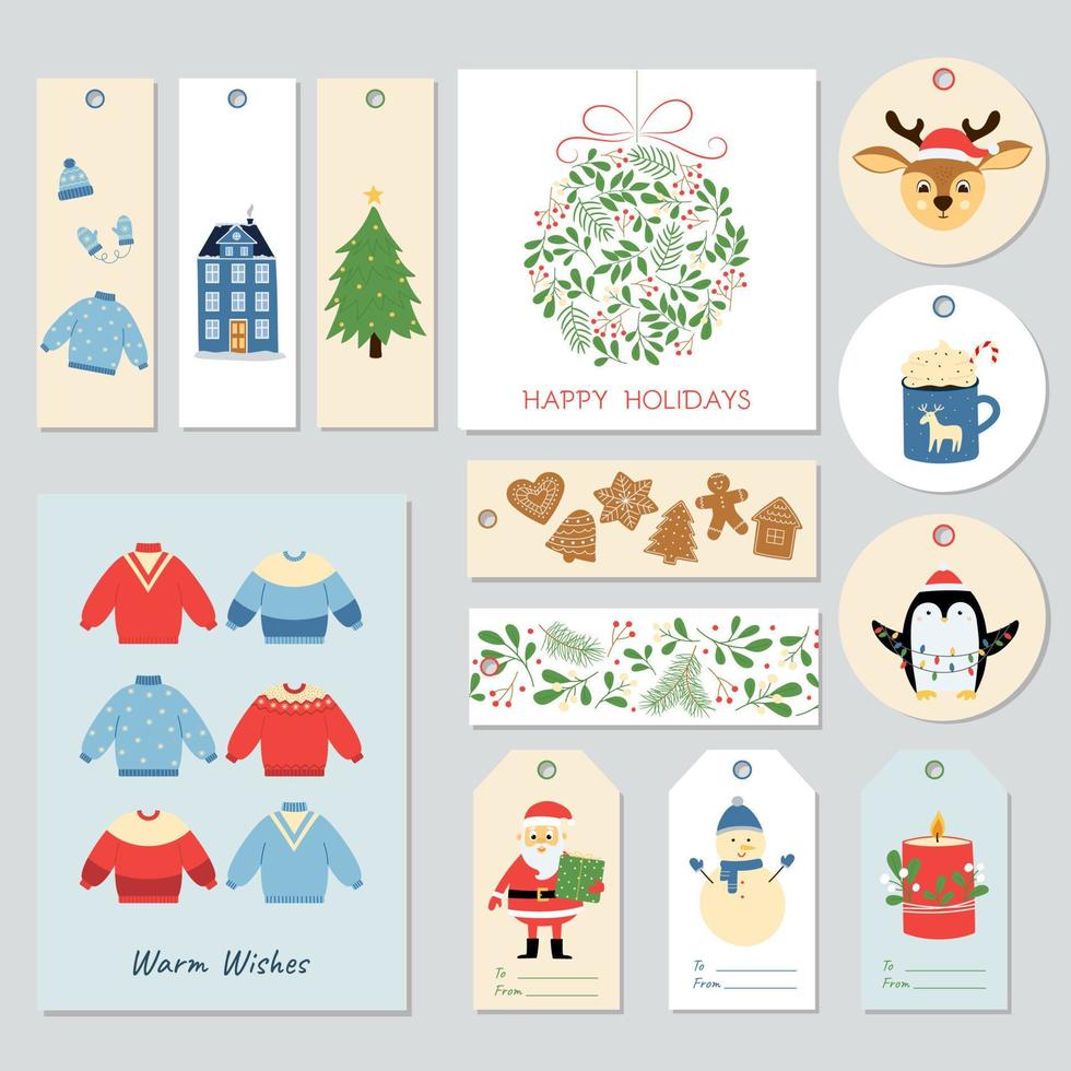 conjunto de cartões de férias e etiquetas de presente. elementos e personagens bonitos de inverno desenhados à mão vetor
