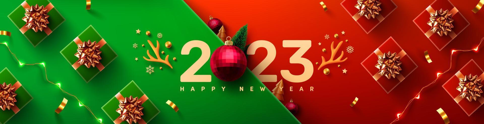 cartaz de promoção de ano novo 2023 ou banner com caixa de presente e elemento de natal para promoção de varejo, compras ou natal símbolo de ano novo 2023 com ornamentos de bola vermelha ilustração vetorial eps 10 vetor