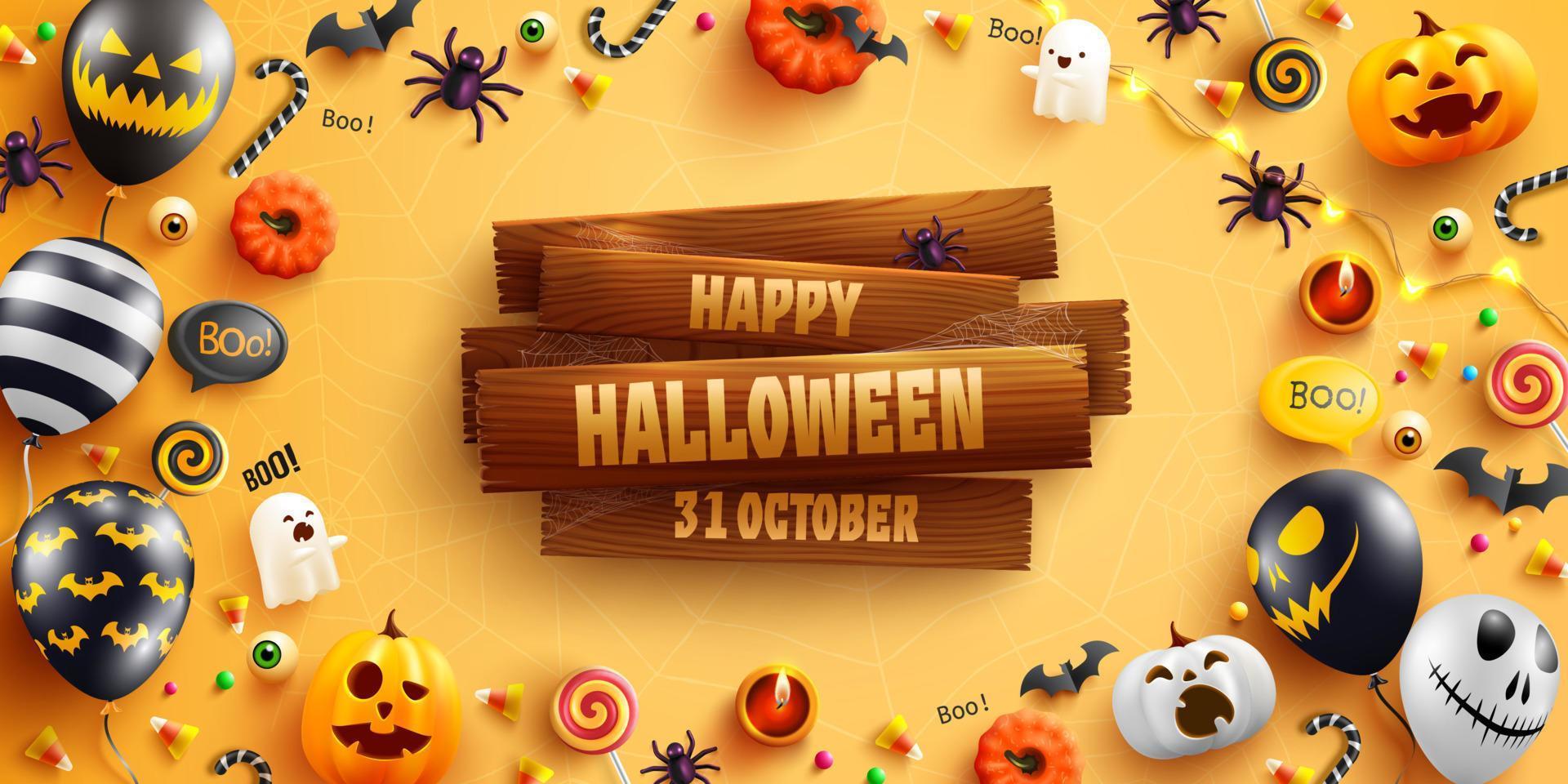 modelo de banner de halloween com placa de madeira velha, balões fantasma de halloween, abóbora.balões de ar assustadores, morcego, doces e elementos de halloween em fundo amarelo vetor