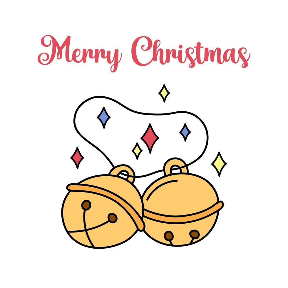 bonito cartão de feliz natal com rabiscos de jingle bells. ilustração em vetor quadrado de dois sinos em fundo branco. composição do símbolo de natal e texto vintage