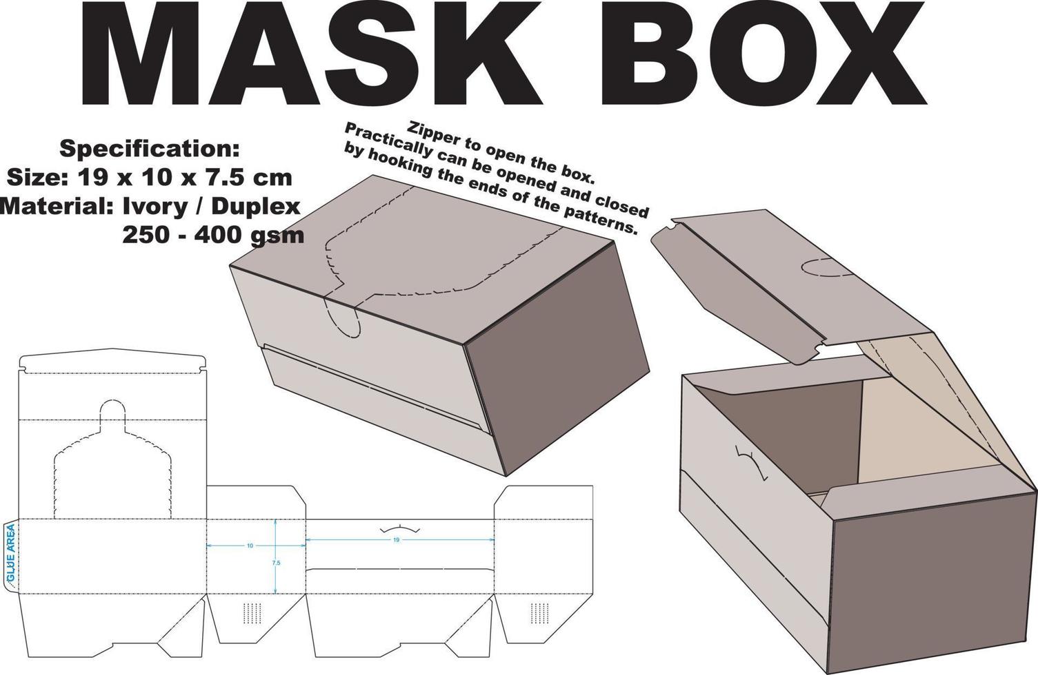 caixa de máscara simples, mas parece fofa. acompanha zíper para abrir a caixa. praticamente pode ser aberto e fechado enganchando as extremidades do padrão. vetor