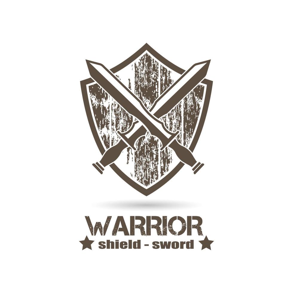 escudo estilo grunge e ícone de espada cruzada, logotipo do emblema guerreiro, vetor