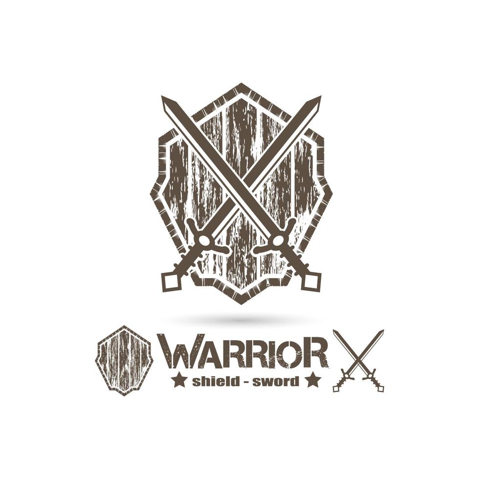 escudo estilo grunge e ícone de espada cruzada, logotipo do emblema guerreiro, vetor