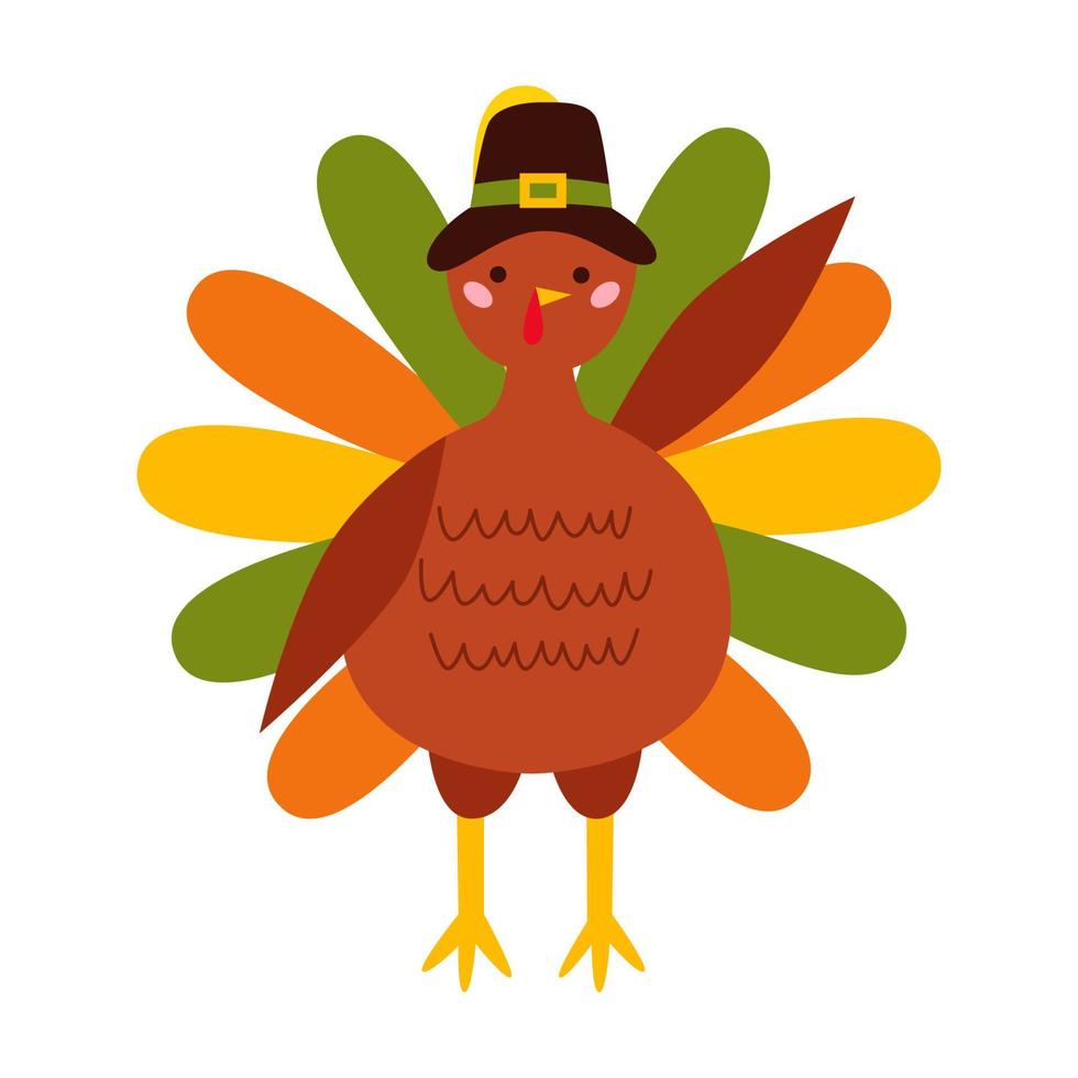 Ação de Graças de peru peregrino. personagem animal pássaro usando um chapéu de peregrinos. ilustração vetorial dos desenhos animados, design de outono. vetor