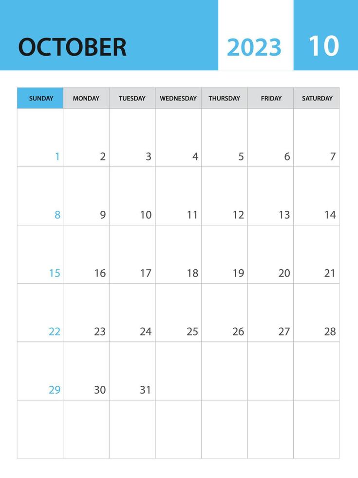 modelo de outubro de 2023, vetor de modelo de calendário 2023, design mensal do planejador, calendário de mesa 2023, design de calendário de parede, estilo minimalista, anúncio, cartaz, mídia de impressão, vetor criativo simples