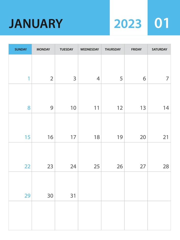 modelo de janeiro de 2023, vetor de modelo de calendário 2023, design mensal do planejador, calendário de mesa 2023, design de calendário de parede, estilo minimalista, anúncio, cartaz, mídia de impressão, vetor criativo simples