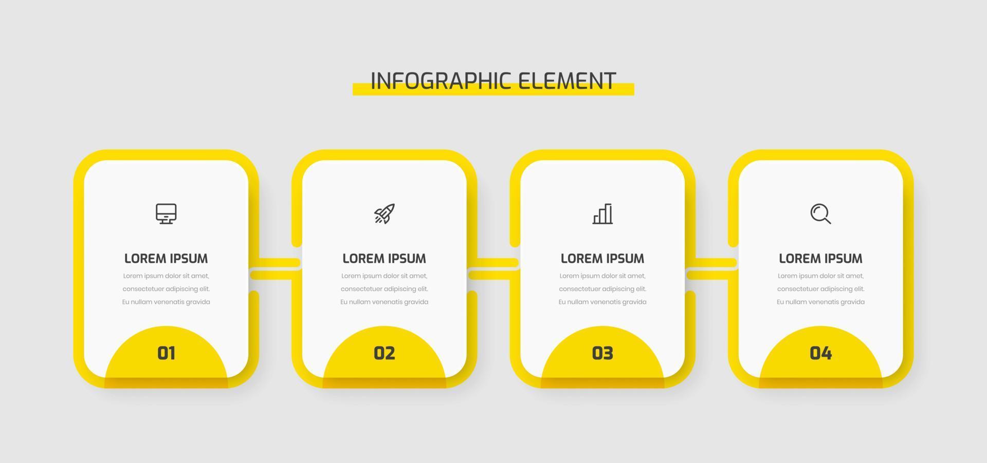 design de modelo infográfico de linha do tempo com cor amarela, retângulo arredondado, 4 números e ícones. pode ser usado para diagrama de processo, apresentações, layout de fluxo de trabalho, banner, fluxograma vetor