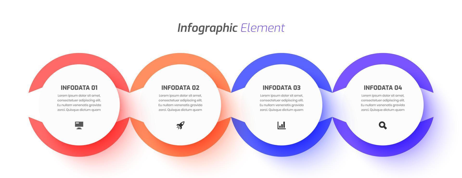 design de modelo de infográfico de negócios com rótulo de círculo, ícone e 4 opções. adequado para diagrama de processo, apresentações, layout de fluxo de trabalho, banner, fluxograma, infográfico. vetor