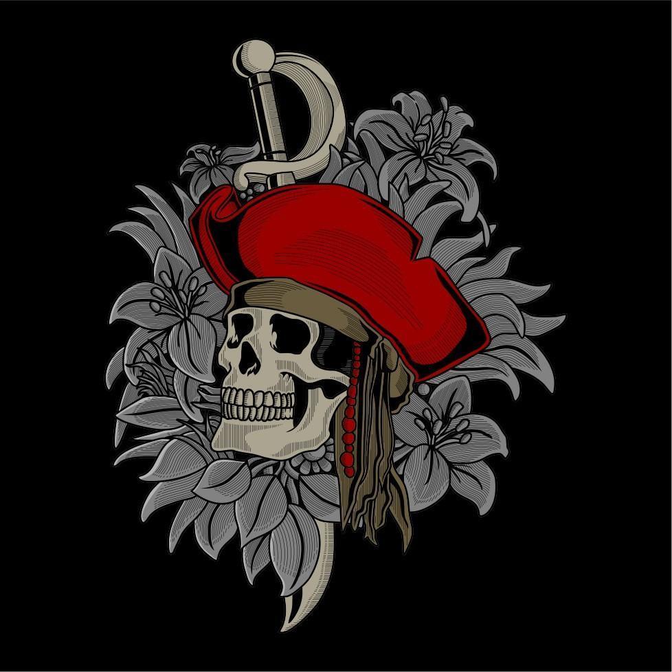 caveira de piratas e espada em flores e folhas vetor