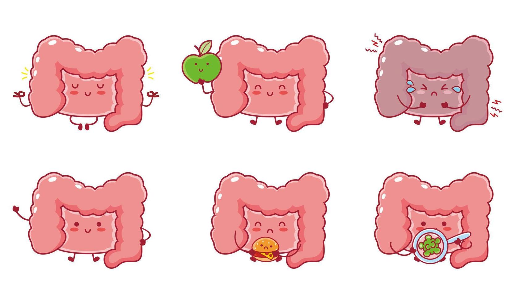 coleção de conjunto de personagens de desenhos animados de órgão de intestino humano engraçado bonito. ícone de ilustração de personagem kawaii de desenho animado de linha vetorial vetor