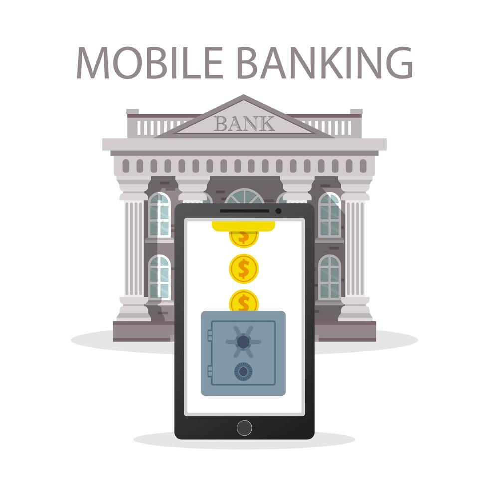 conceito de banco móvel com moedas e cofre vetor